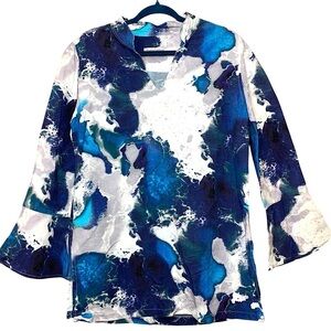 Haris Cotton Resort Tunic Blouse Sz S Linen Blend Blue Water Art Lagenlook Shirt